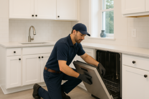 plumber installing a garbage disposal