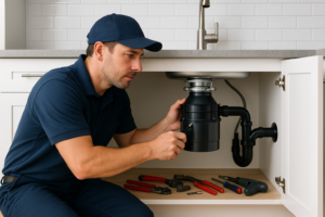 plumber installing a garbage disposal