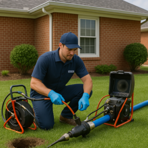 plumber repairing a trenchless sewer line