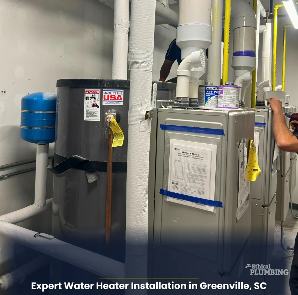 technician installing a water heater
