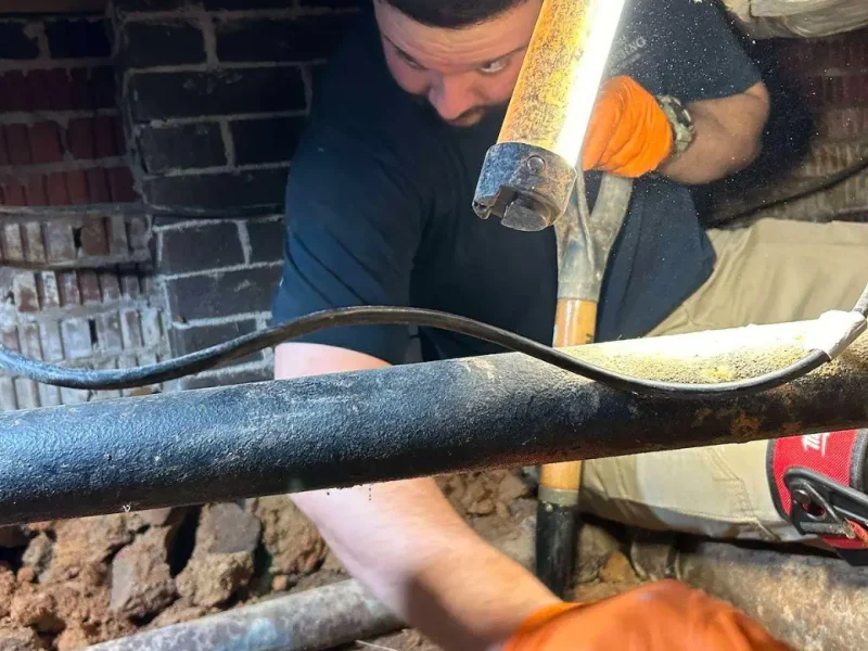 Plumber sealing around a pipe in a crawl space