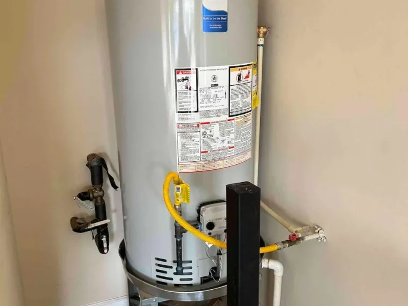 Gas water heater installed with a drain pan, gas line and shutoff