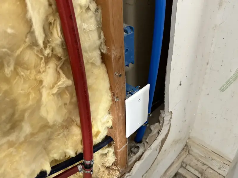 Red and blue PEX lines in an opened wall
