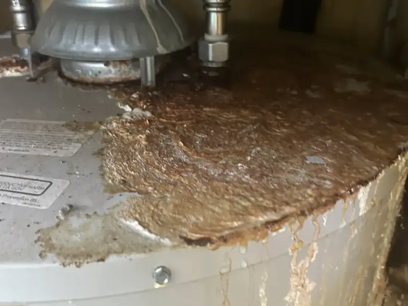 Corroded top of an old tank water heater before replacement