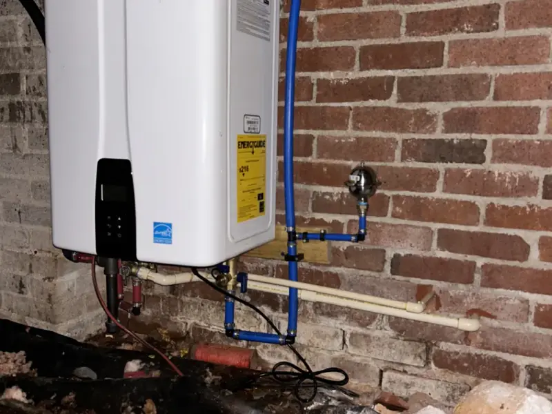 New Navien tankless water heater mounted on a brick crawl space wall