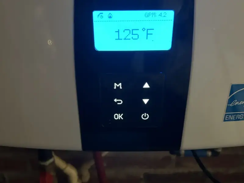Navien tankless water heater display reading 125 degrees