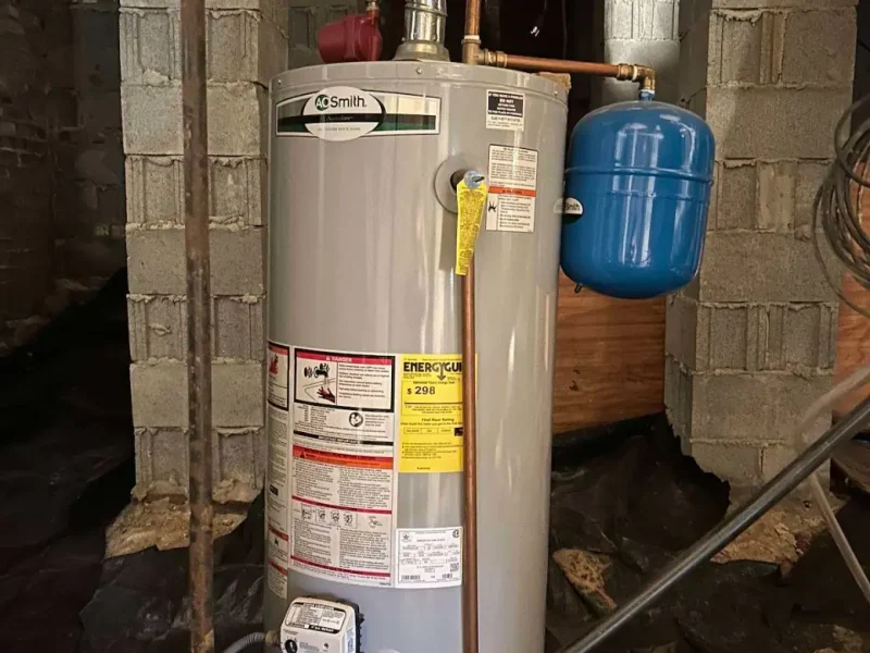 Tank water heater in a basement with an expansion tank beside it
