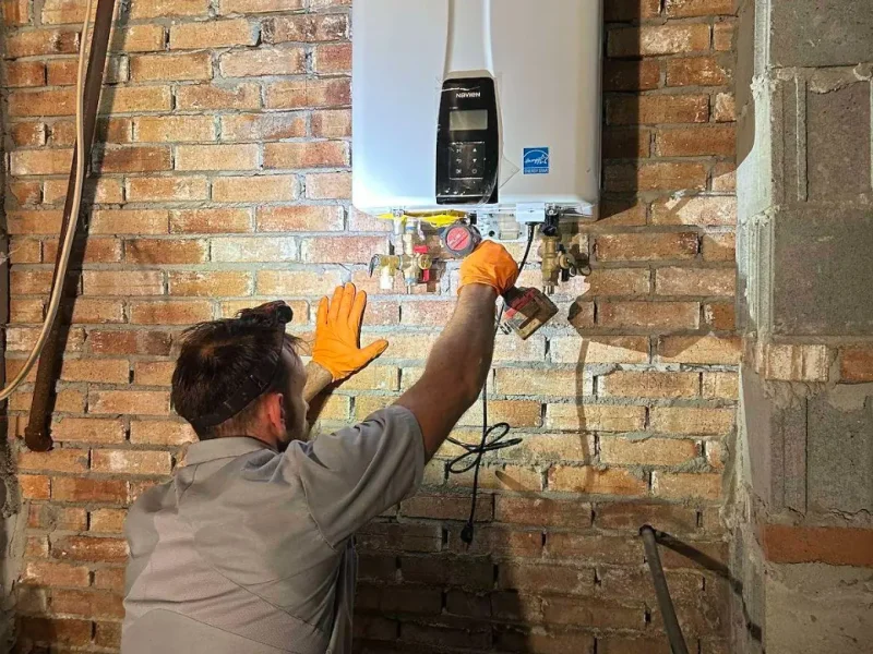 Plumber installing a tankless water heater on a brick wall